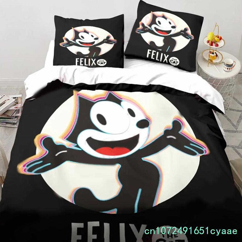 Carino Set Biancheria da Letto Cartone Animato Gatto F-Felix, Copripiumino Coperta Set Letto Copripiumino Federa, Dimensioni King Queen Twin Bambini Bambine Adulti