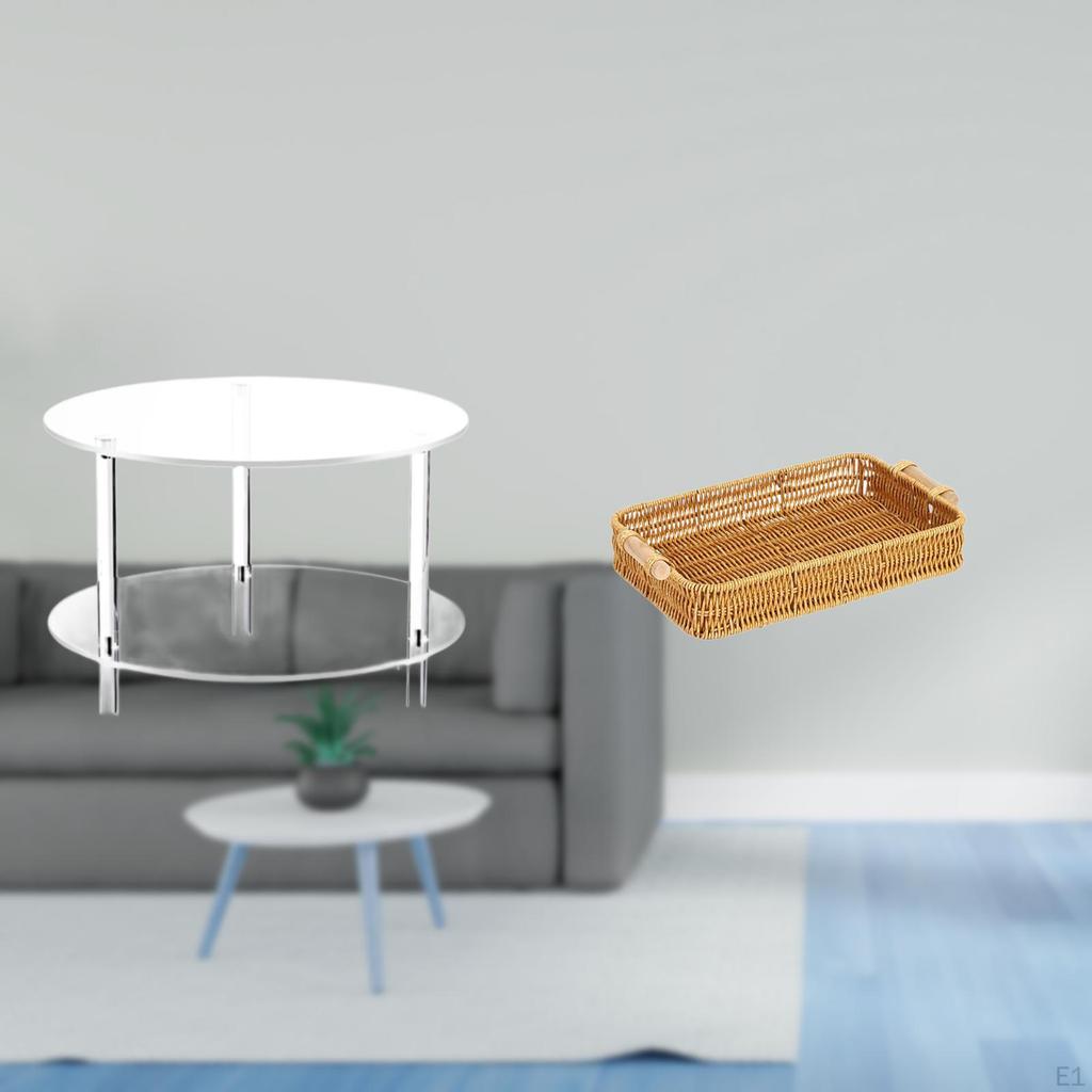 Acrylic Round Side Table End Storage Basket Woven Handmade Bread Tray with Handles for Dining