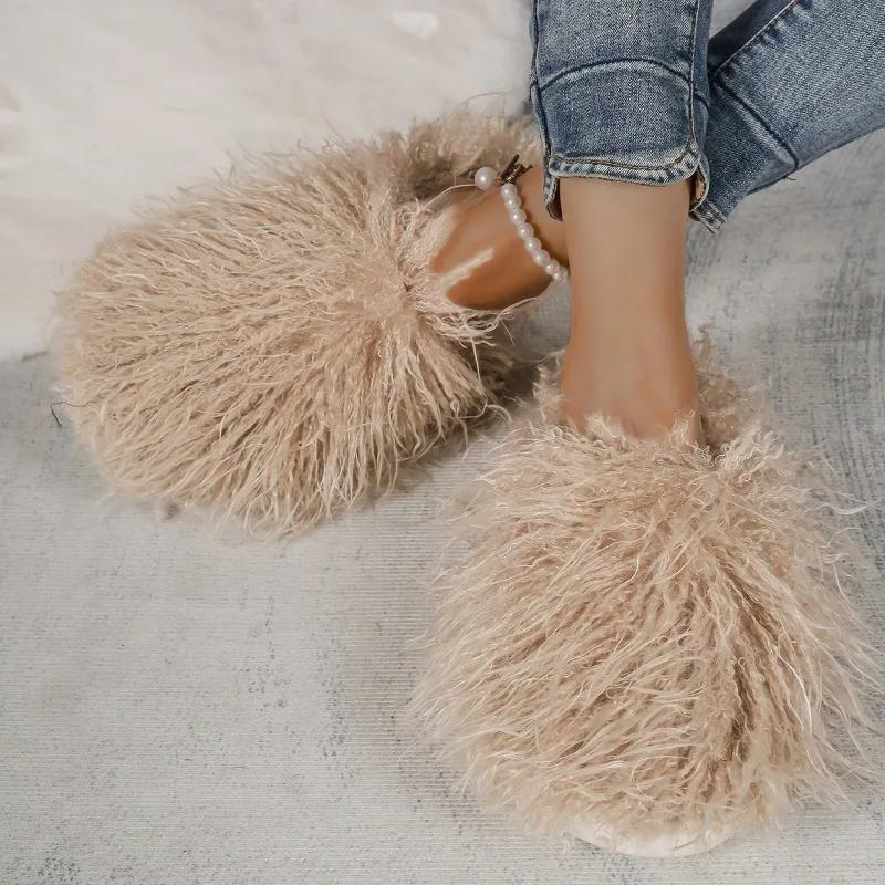 Fashion Womens Shoes New Spring Autumn Fashion Cosplay Luxury Fluffy Faux Fur Flat with Slip-on Basic Casual Soild Round Toe Slippers