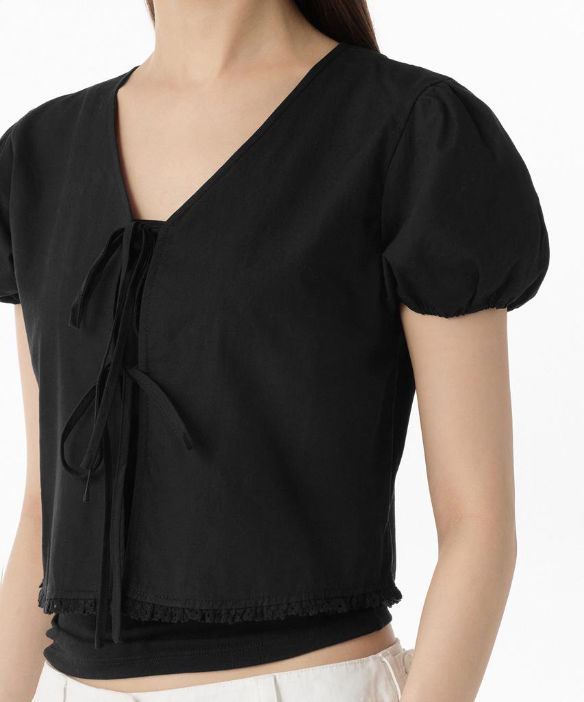 MUSINSA STANDARD WOMAN Women'S Cotton Puff Sleeve Tie-Up Blouse [Black]