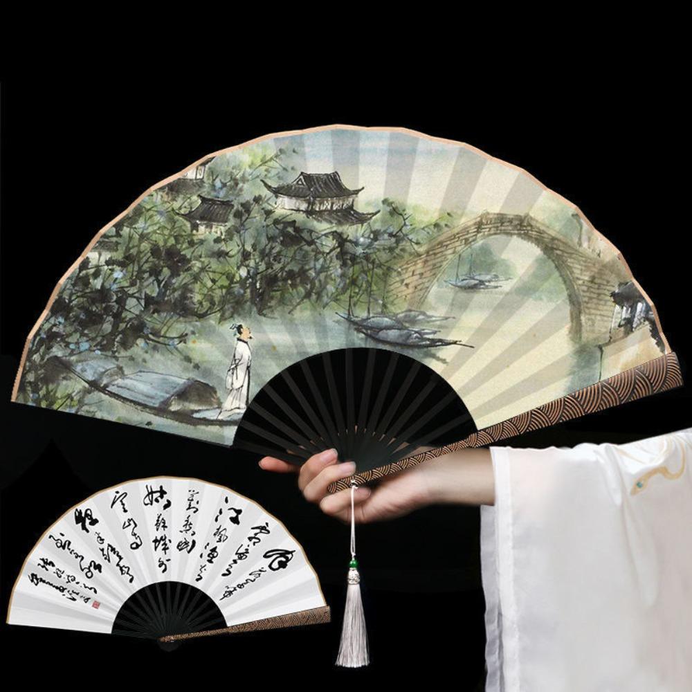 With Tassel Antique-style Folding Fan Sprinkled Gold Men Hand Fan Portable Decorative Fan  Crafts