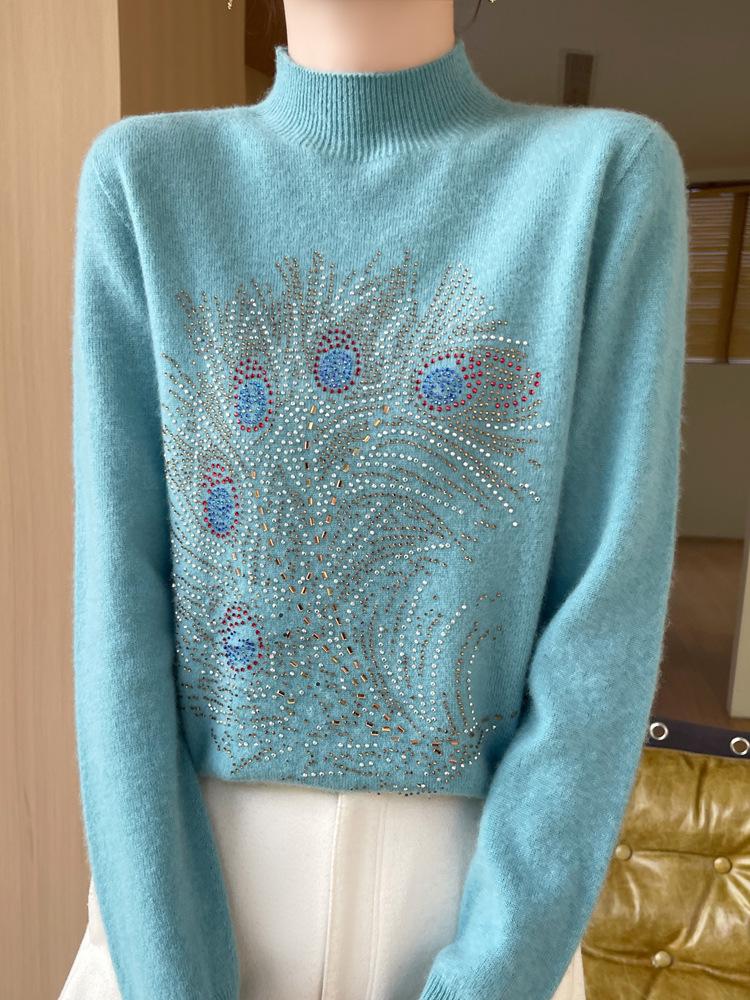 Peacock Tail Rhinestone Half-High Neck Knitwear for Women, Versatile Slim-Fit Autumn/Winter Sweater Top