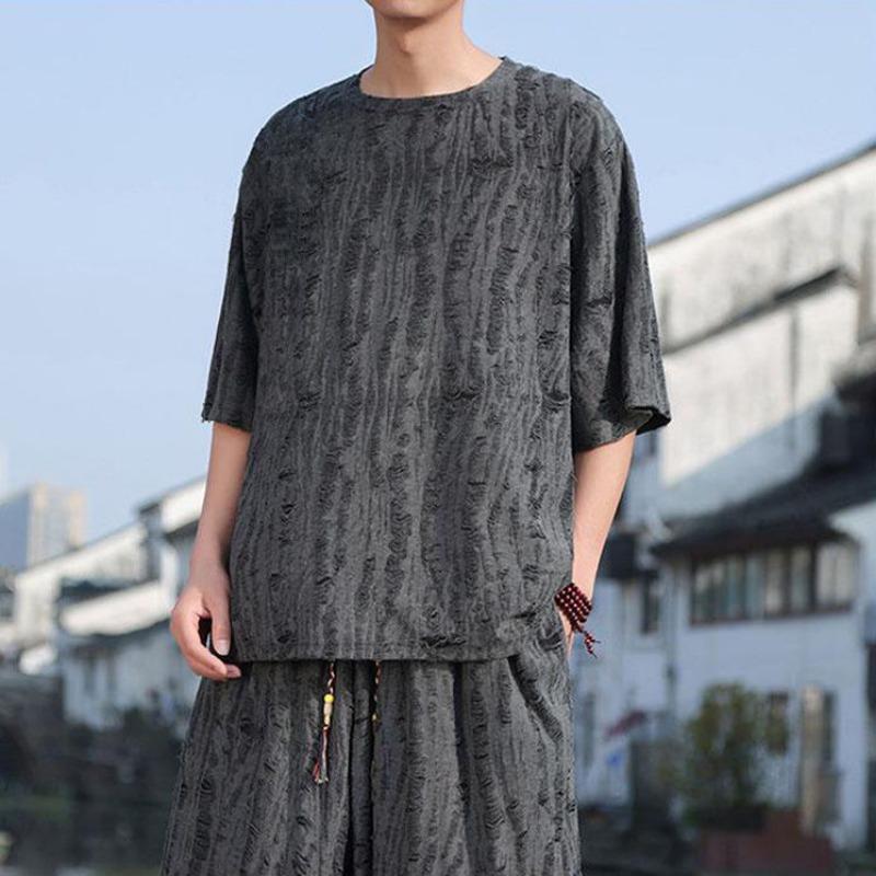 Hanfu Oberteil Herren Sommer Dünn Kurzarm Hose Locker Trendiges T-Shirt Mode Einteiler/Zweiteiler Set Preppy