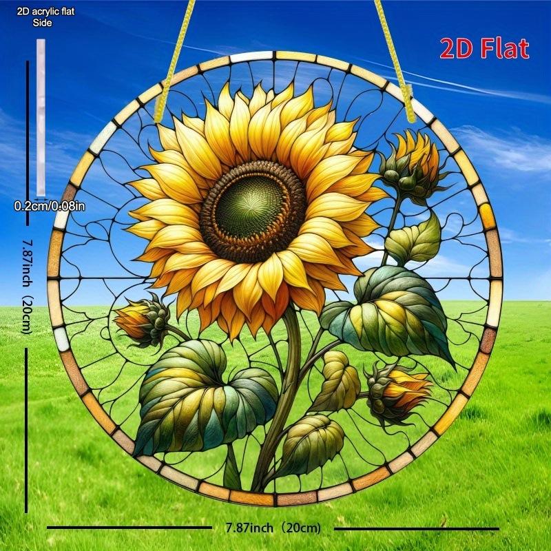 Sunflower Sunset Mountain Scenery Sun Catcher Stained Round Acrylic Hanging Decoration Suitable for Window Suncatcher Door, Four Seasons Decoration