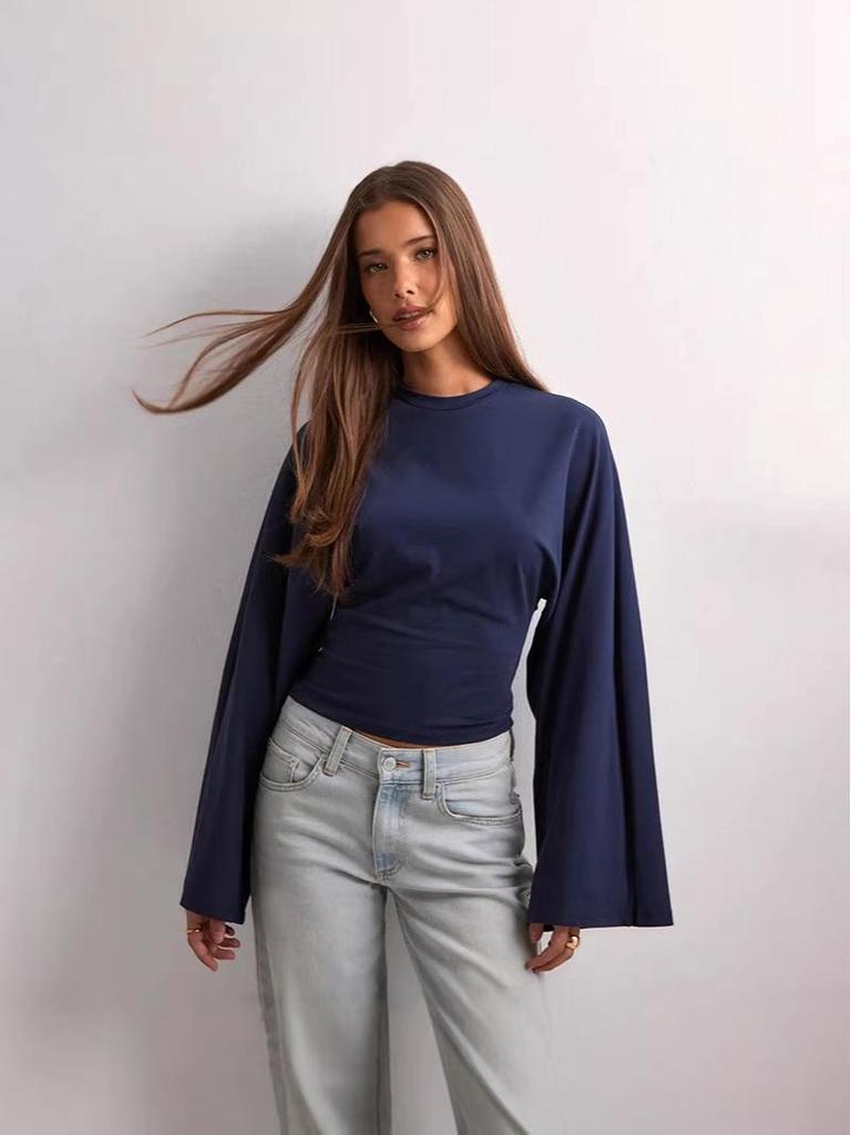 Women's Solid Color Round Neck Long Sleeve Top: European/American Style, Wide Sleeves, Cinched Waist