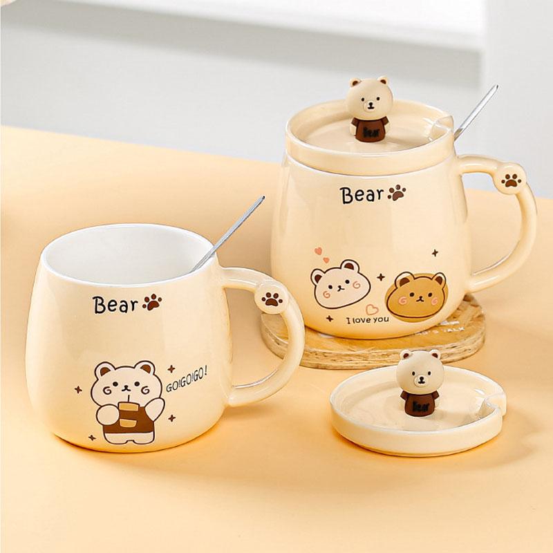 Cute Bear Mugs With Lid Spoon For Women Ceramic Mug Kid Cartoon Milk Mug Coffee Cup Tea Cup Birthday Christmas Gift