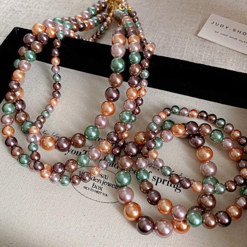 French Long Stacked Colored Pearl Necklace, Simple Temperament Collarbone Chain, Retro Necklace for Women