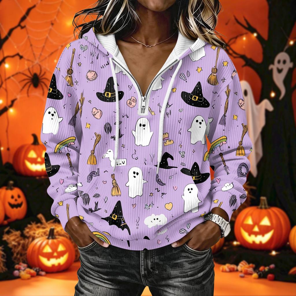 Women's Long Sleeve Halloween Print Hoodie Pullover with