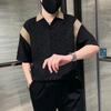 Stylish Contrasting Colors Spliced Shirts Summer Half Sleeve Men's Clothing Polo-Neck Casual Loose Basic Jacquard Weave Shirts