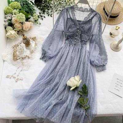 Spring Autumn New Long Dresses Chic Sweet Temperament Women's Net Yarn Dress