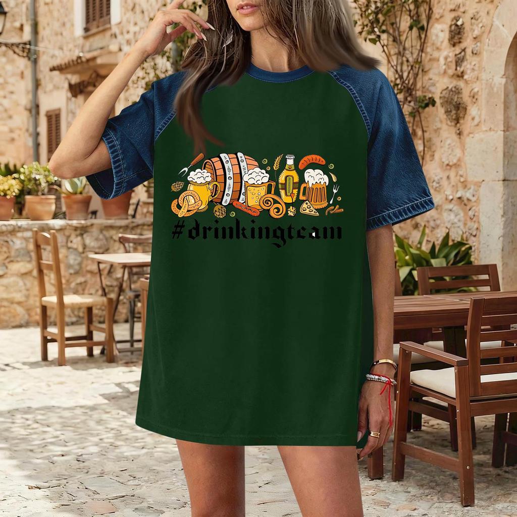 Casual Women Denim Patchwork Oktoberfest Graphic Print Short Sleeve T Shirt Comfortable Loose Fit Summer Top