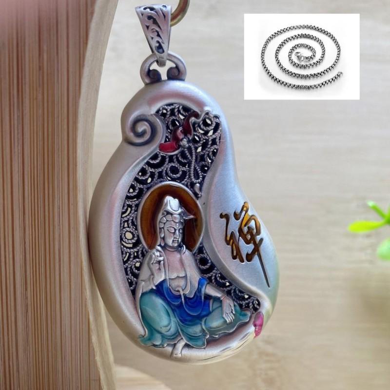 Solid Copper Buddha Pendant With Enamel Finish Hollow Carved Design Unisex Necklace Pearl Chain Or Hemp Cord