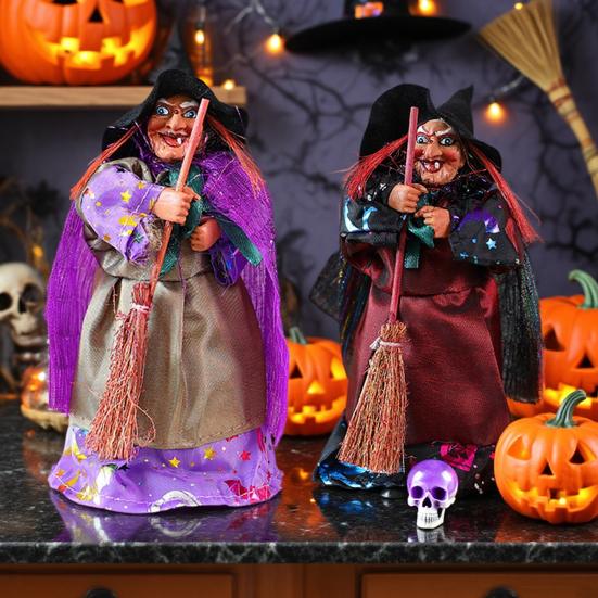 Halloween Witch Doll Standing Witch Figure Holding Broomstick Desktop Spooky Witch Figurine for Halloween Party Mantel Dining Table Decor