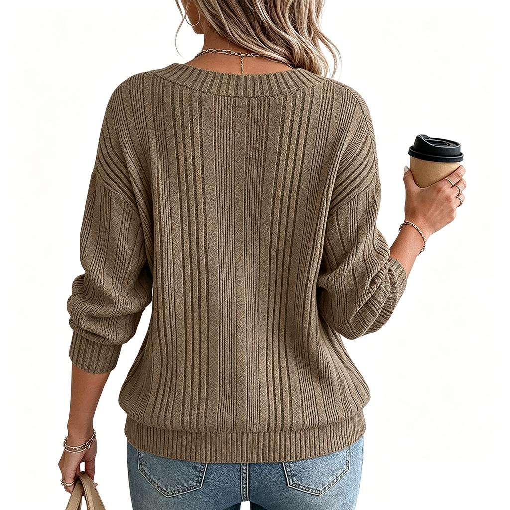 Women's Casual V Neck Long Sleeve Knit Pullover Top