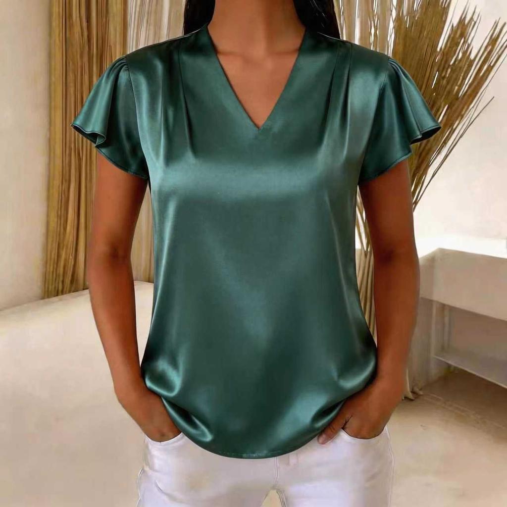 Women's 2026 Summer New V-neck Chiffon Pleated Loose Short-sleeve Top