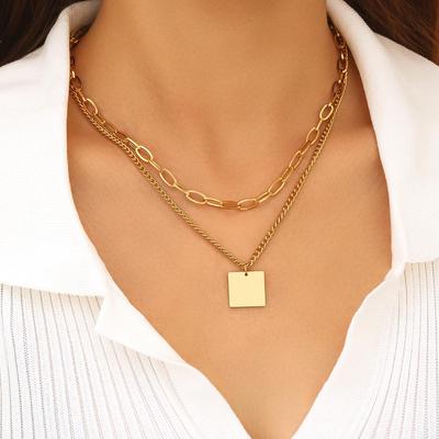 Quadratischer Anhänger aus Edelstahl, zweilagige minimalistische Halskette für Damen