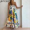 BITCED Spring/Summer Casual Maxi Dress for Women Spaghetti Strap Printed Linen 9 Colors Full-Skirted Dress