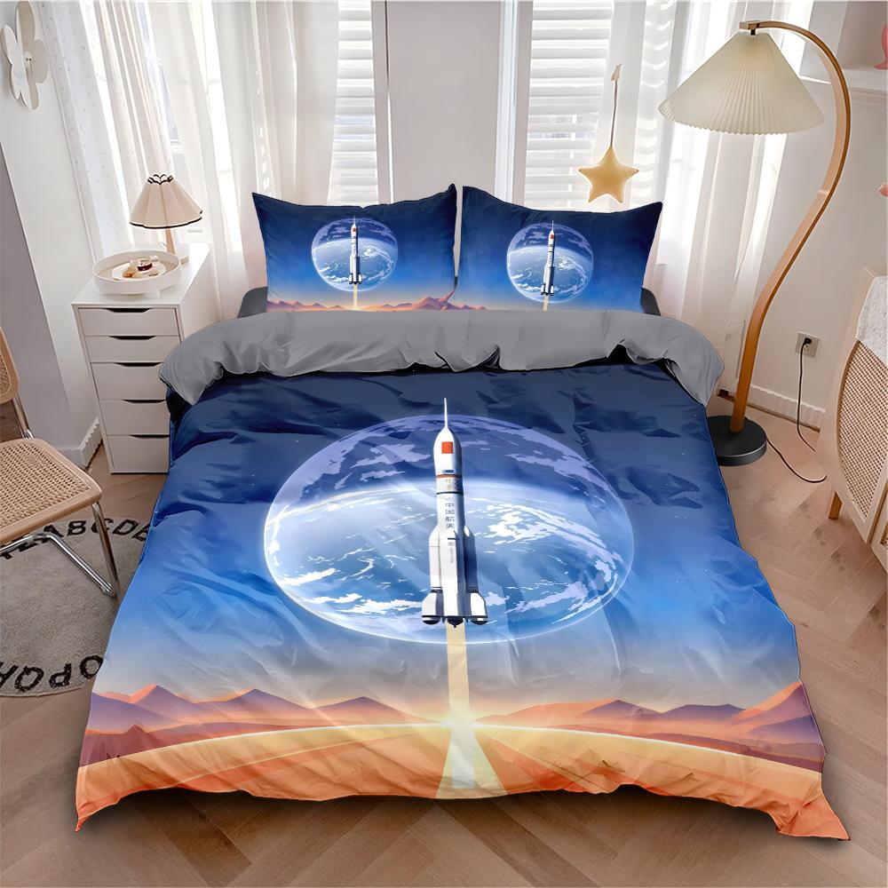 Space Rocket Print Comforter Cover Set Single Size Cartoon Duvet Cover Bedspread Cover Bedding Collection 2Pcs For Boys Bedroom