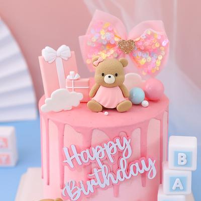 Cartoon Bear Cake Topper Růžová Modrá Baby Bear Doll Dekor Chlapec Dívka Happy 1st Bird Cake Decor Gender Reveal Baby Shower