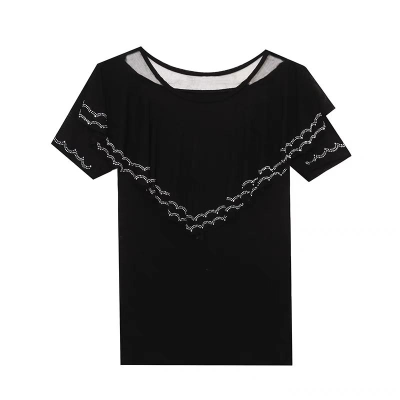 New Chic Summer Elegant Women T-Shirt Clothes Sexy Luxury Shiny Diamonds Tops Short Sleeved Ruffles Mesh Tees Blusas