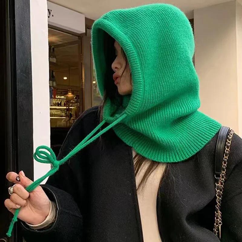 Winter Knitted Hooded Caps Balaclava Hat Thick Drawstring Adjustable Elastic Hat Outdoor Warm One-piece Neck Collar Beanies Cap