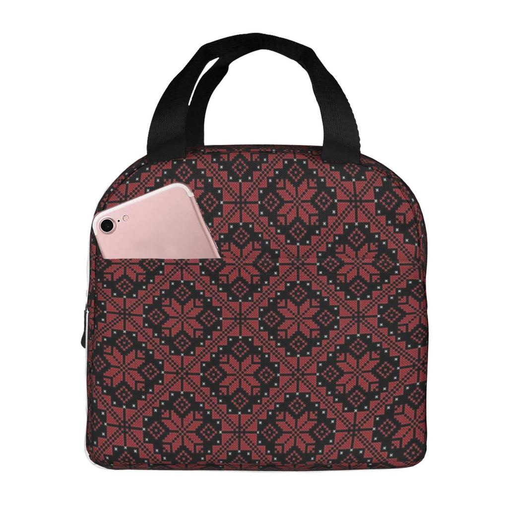 Palestinian Pattern Cross Print Lunch Tote Bag Insulated Leakproof Lunch Box Container with Front Pocket for Girls Boys