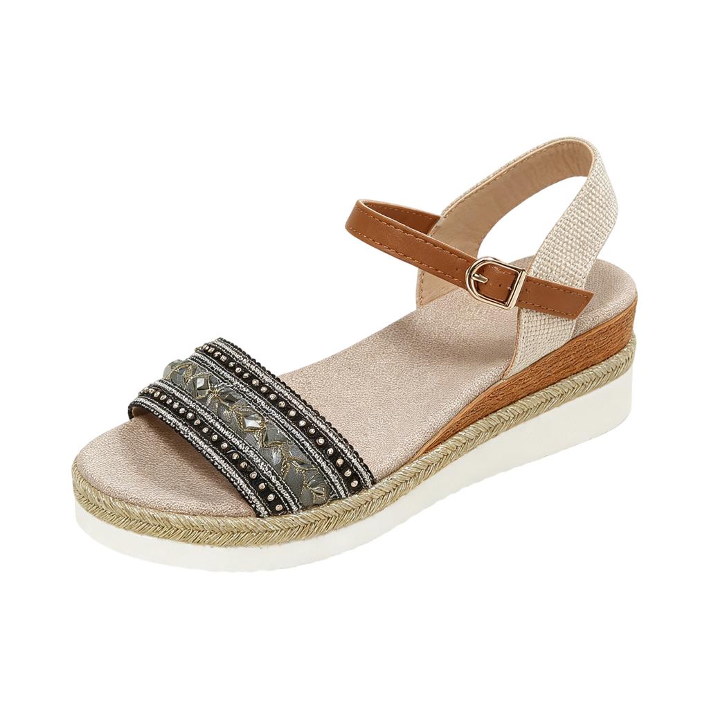 Womens Braided Jute Platform Wedge Sandals Open Toe Buckle Strap Ankle Strap Casual Summer Shoes