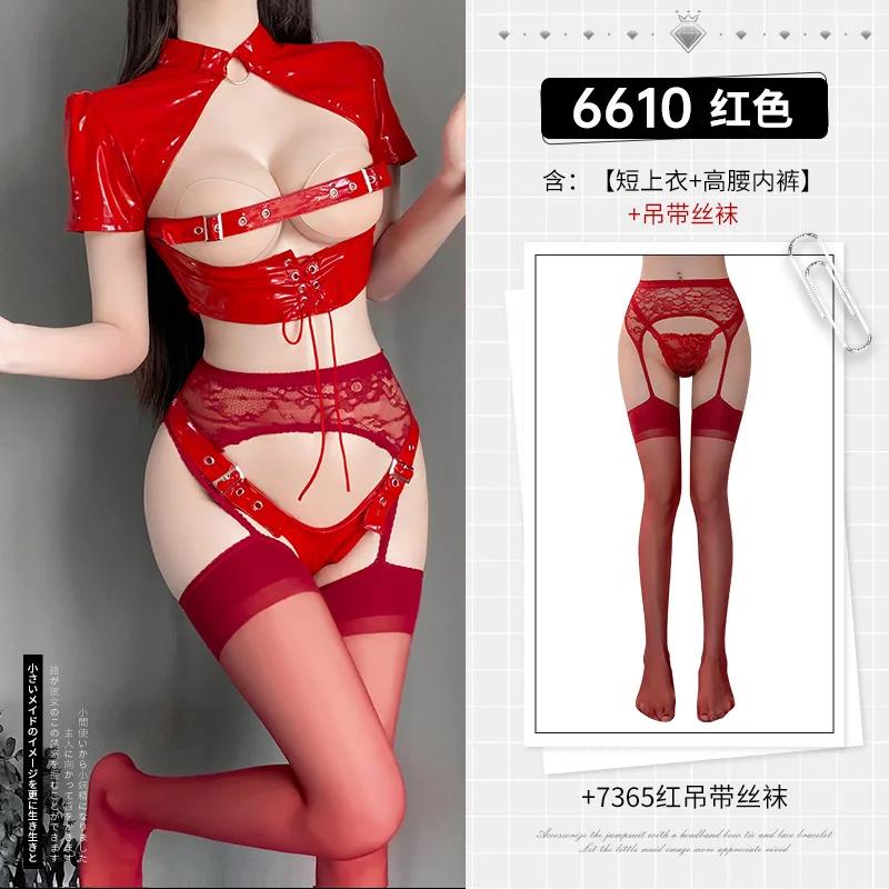 Jimiko Adult Erotic Costumes Set Women Latex Leather Lingerie Set Halloween Cosplay Clothes Porno Underwear Open Bra Outfits 18+