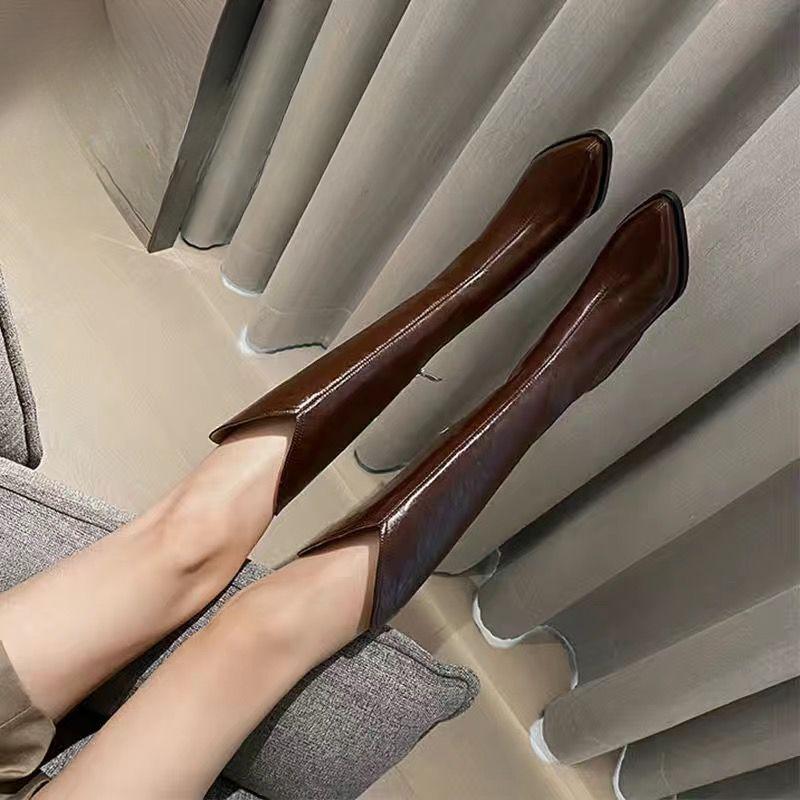 Fashion Middle Heel Knee High Shaft Shoes Woman Leather Brown Pointed Toe Long Boots for Women Comfortable and Elegant New in Footwear