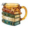 Retro Style 3D Stacked Book Cup Cat And Vintage Glass Mug, Cute Design Household