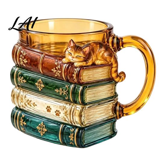 Retro Style 3D Stacked Book Cup Cat And Vintage Glass Mug, Cute Design Household