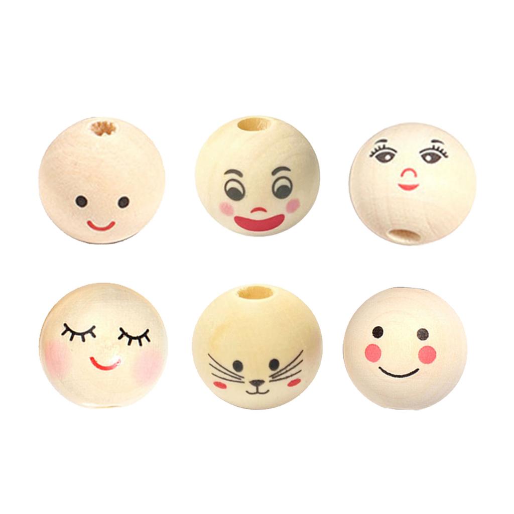 50Pcs Doll Head Wood Beads Face Jewelry DIY Children Beading Smile Beads Loose Round Wooden Craft Beads for Kindergarten