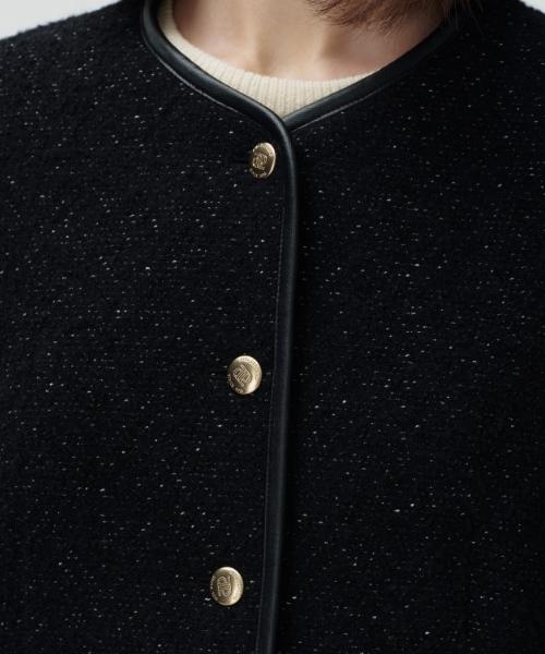 Depound Collarless Leather Piping Jacket [Black]