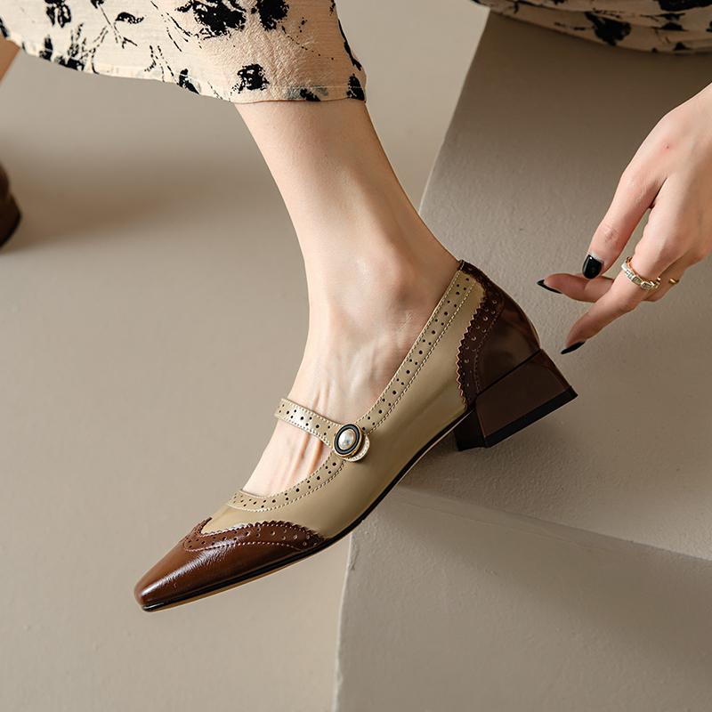 

Мода 2024 Новые весенне-осенние туфли Мэри Джейн Женская обувь Натуральная кожа Разноцветные Ретро Блочный каблук Слипоны 3 см каблук Женская обувь 40 коричневый