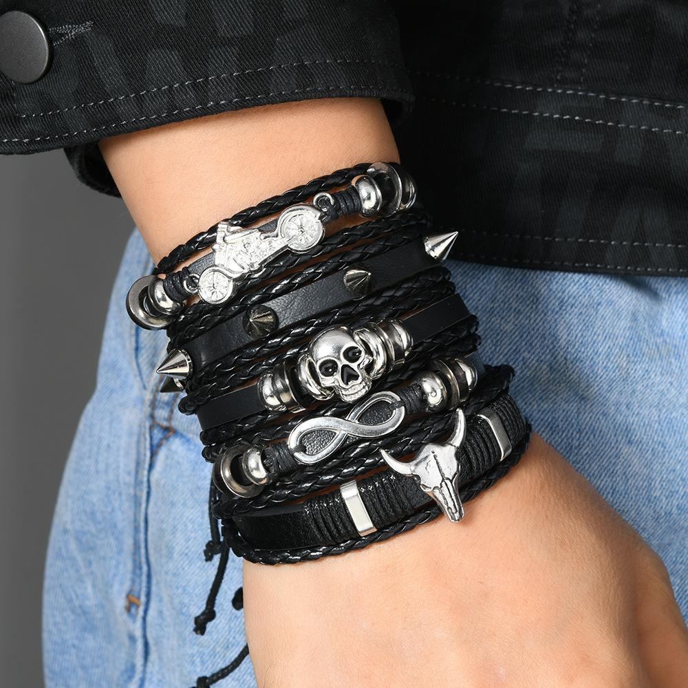 5 Piece Vintage Hip Hop Skull Leather Bracelet for Men's Gothic Punk Teenage Street Jewellery Accessories Man Handmade Bracelet
