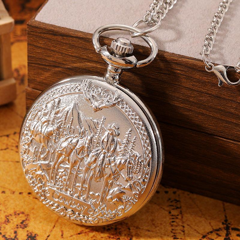 Retro Fashion Men's Silvery Pocket Watches,Vintage Western Cowboy Design Pattern Necklace Pendan Quartz Pocket Watch,gifts for Men