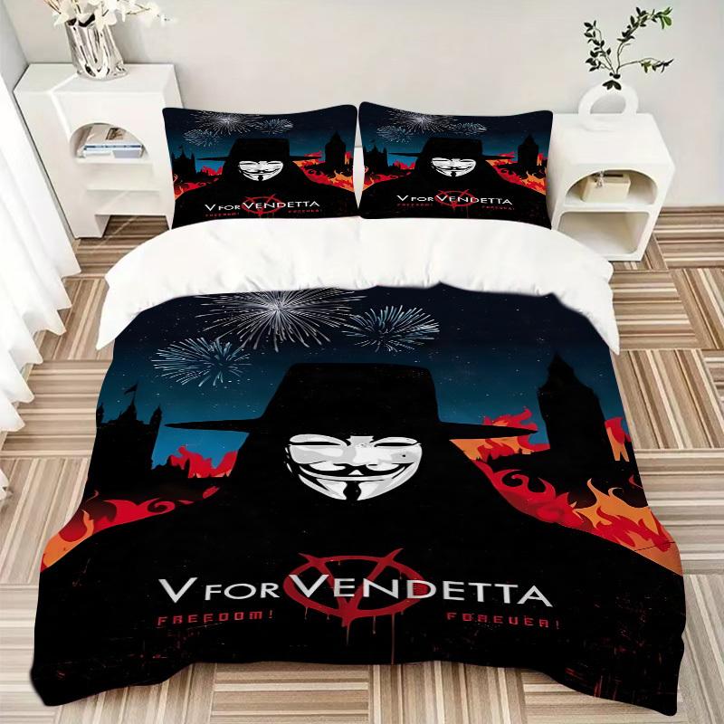 3pcs V for Vendetta Bedding Set, Soft Polyester Duvet Cover and Pillowcases Machine Washable Seasons all suitable & Guest Room Decor220