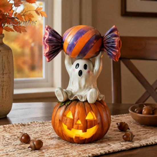 Spooky Holiday Decoration Halloween Ghost Figurine, Cute Sitting on Pumpkin Holding Candy Dark Sweet Room Decor Statue, Resin Table Ornament