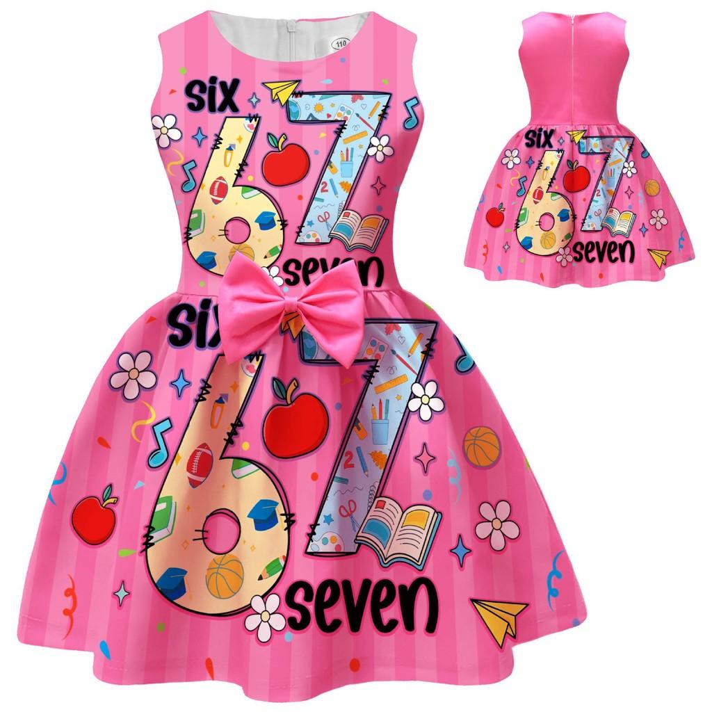 94238 Girls Steal A Brainrot 67 Printed Bow Party Sleeveless Princess Dress