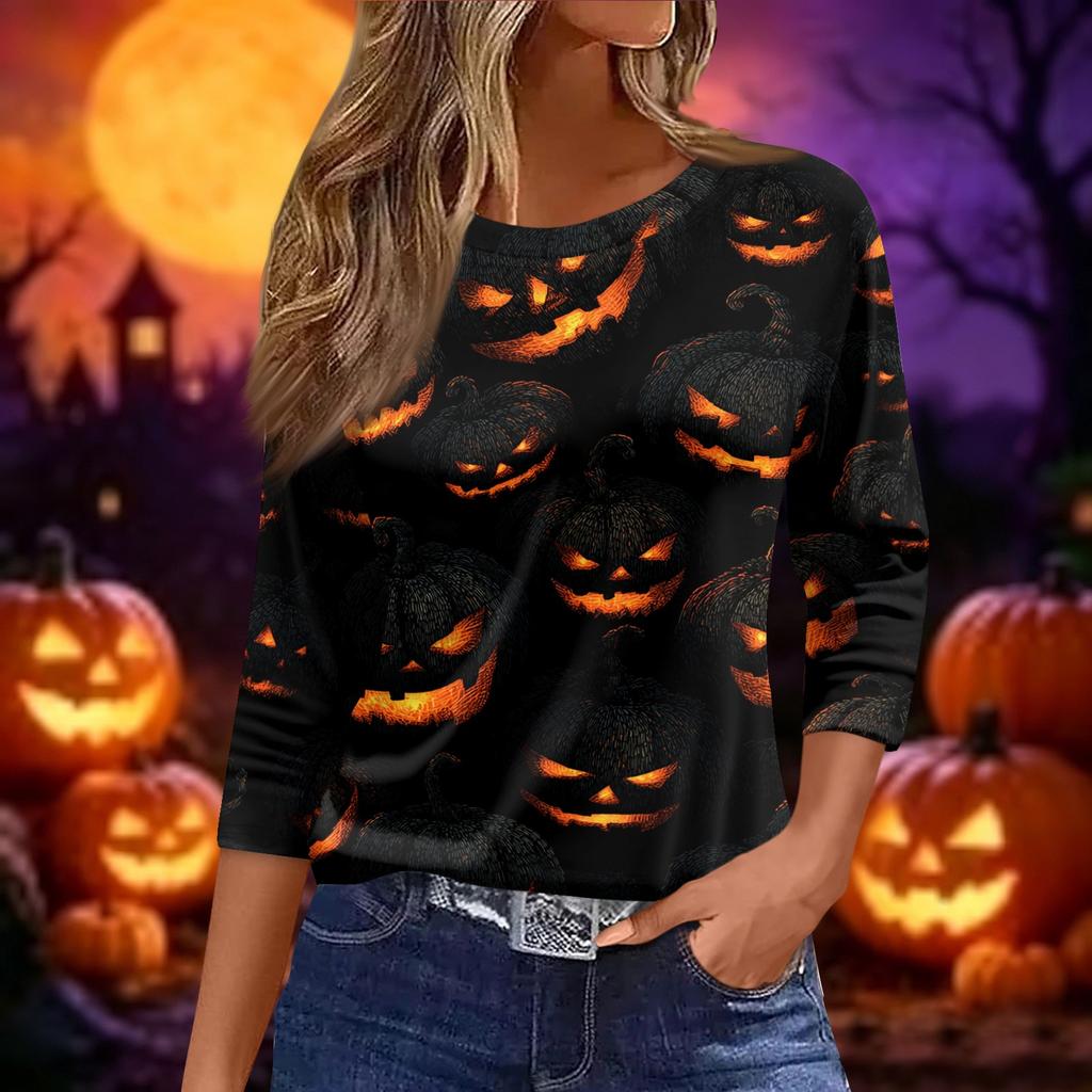 Women's Halloween and Pumpkin Print Short Sleeve Round Neck T-Shirt Casual Pullover Top