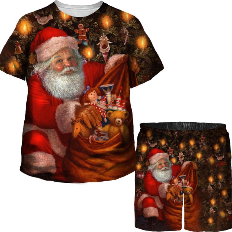 Boys Girls Funny Christmas T Shirts Shorts Sets Xmas Santa Claus 3D Printed Tees/Suits Kids Holiday Party Vacation Clothing Set
