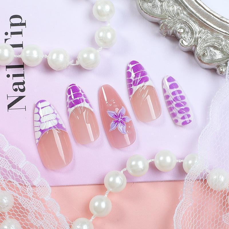 24pcs 3D Leopard & Floral Almond Nails - Colorful Hand-Painted Tips