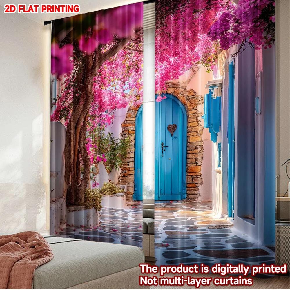 

2pcs Pink Blossom Alley Curtains Digital Printing Blue Doors Stone Path with Flowering Tree Scene for Bedroom Living Room Decor 100*130 Rod Pocket 1pcs
