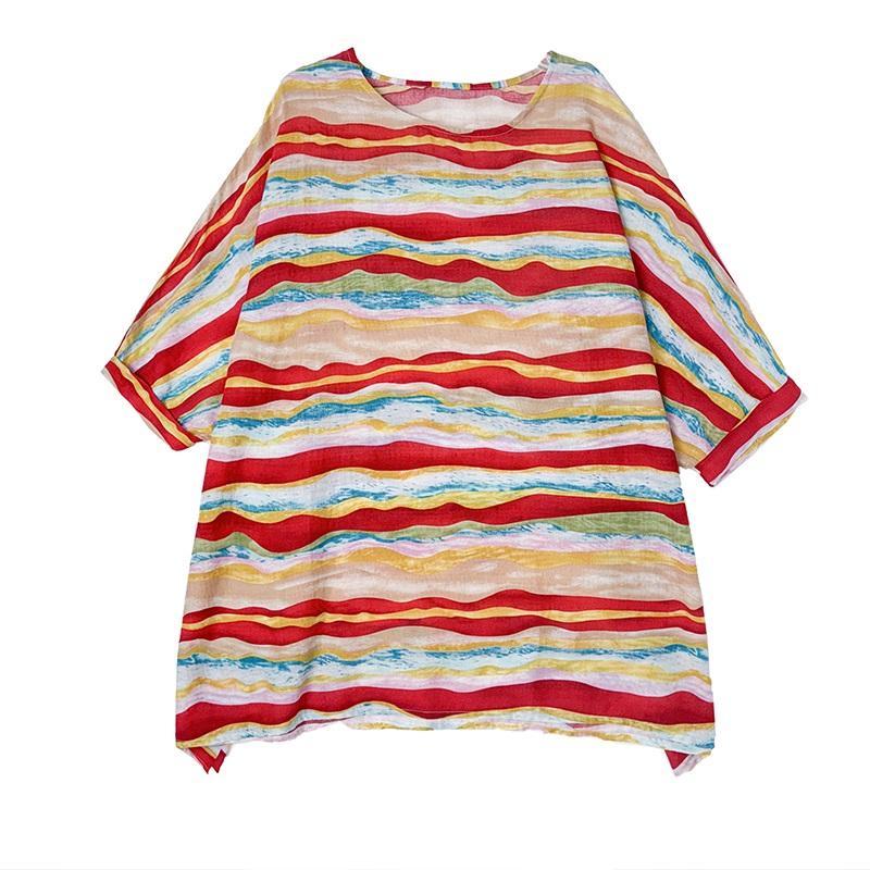 Short Sleeve Plus Size Cotton Vintage Stripe Casual Loose Long T Shirt Tops Women Summer T-shirt