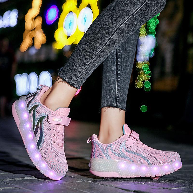 Children's double wheel runaway shoes pulley shoes USB charging interface LED light boy wheel shoes girl luminous shoes light shoes