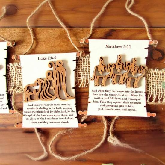 Nativity Advent Scroll Ornament Wooden Laser-Cut Hanging Decor with 24-Day Bible Verses Religious Christmas Countdown Calendar