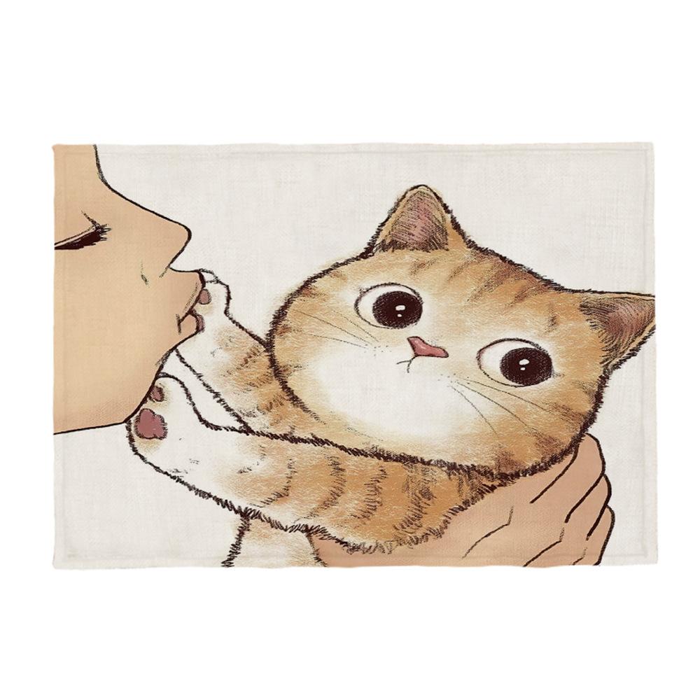 Kočičí lněná podložka na stůl Roztomilý odmítá políbit Prostírání s kresleným vzorem Dekorace na kuchyňský stůl Mat