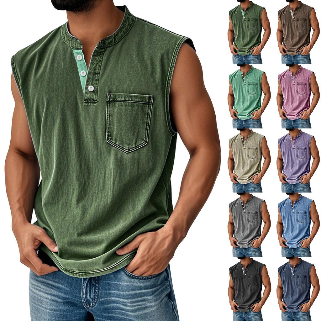 Men's Summer Solid Matching Color Pocket Sports Buttons Vest Men's Sports Casual Vest