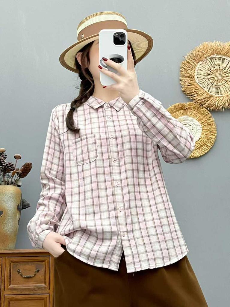 2026 Spring Women's Casual Plaid Long Sleeve Lapel Shirt - Versatile, Age-Reducing, and Relaxed Style