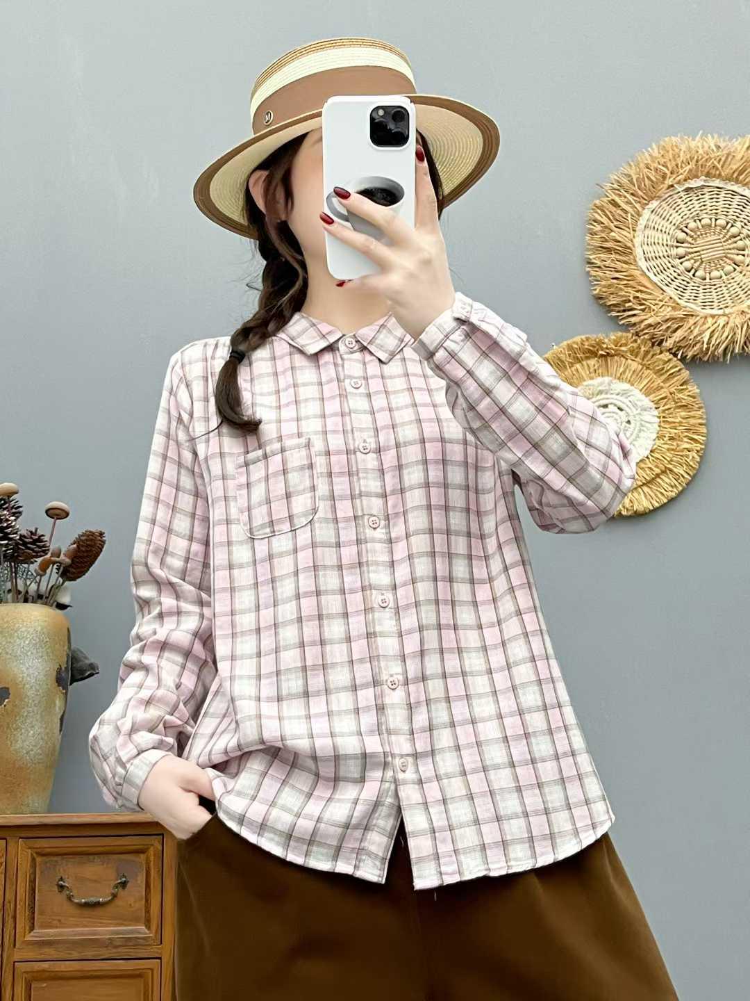 2026 Spring Women s Casual Plaid Long Sleeve Lapel Shirt - Versatile, Age-Reducing, and Relaxed Style L (125-150 jin)